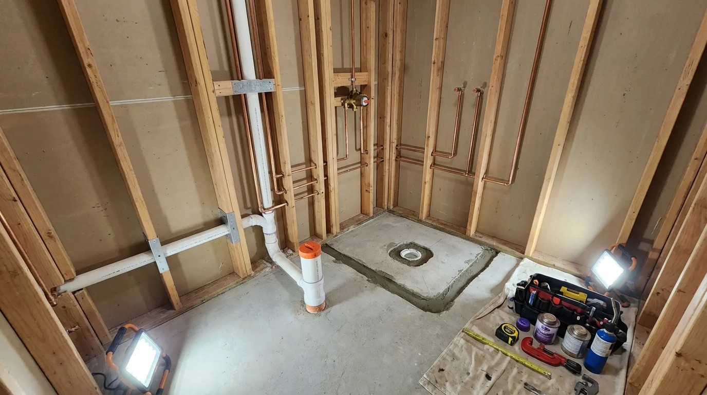 Bathroom rough-in plumbing during remodel by Johns Plumbing LLC in Steele