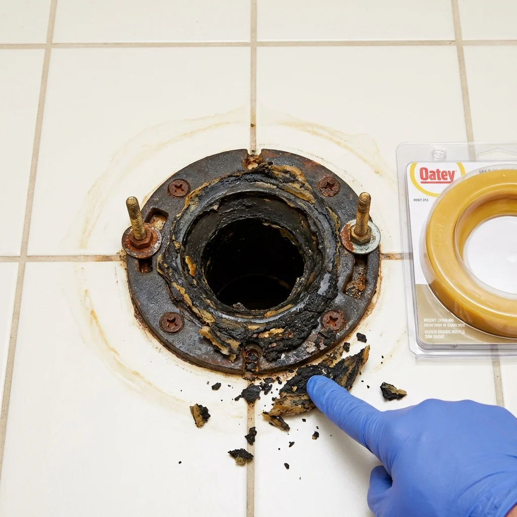 Failed wax ring showing water seepage at the base of a toilet in a Steele, MO home