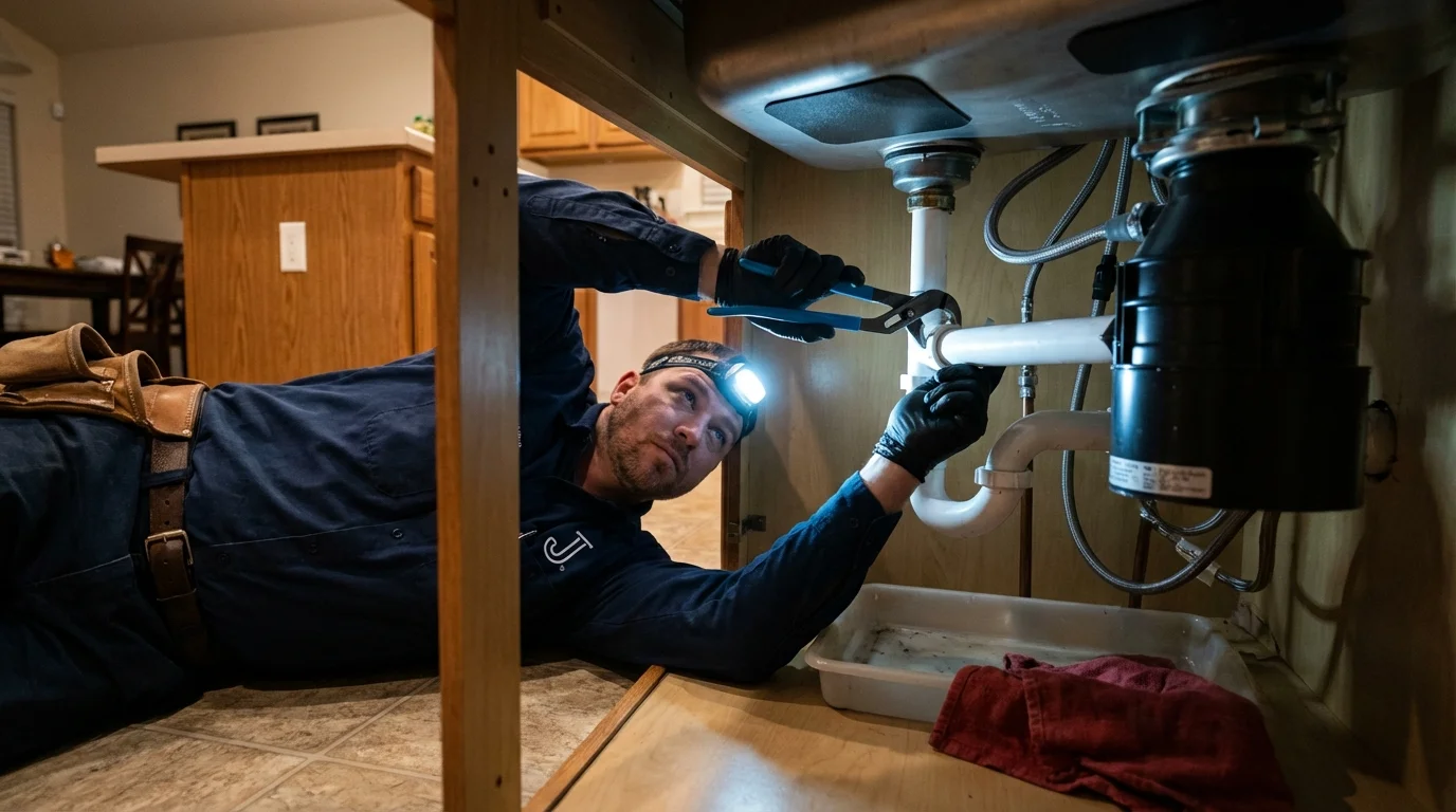P-trap and supply line connections under a kitchen sink showing a common leak point in Steele, MO